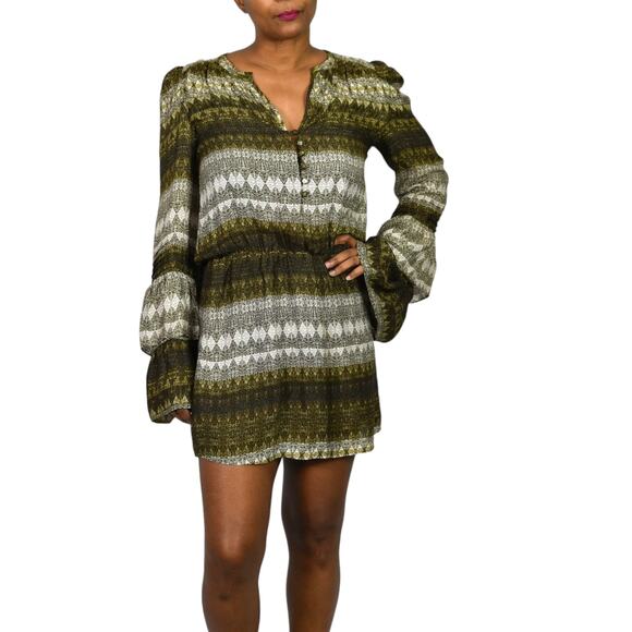 Parker Silk Print Mini Dress Brown Stripe Tassels Long Sleeve Tiered Size Small - Picture 15 of 15